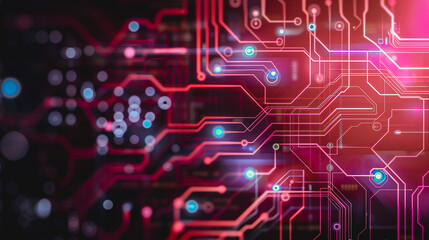 Obraz premium Circuit Board Complexity: Intricate circuit board design with glowing components, symbolizing technological innovation, high-tech and the digital revolution.