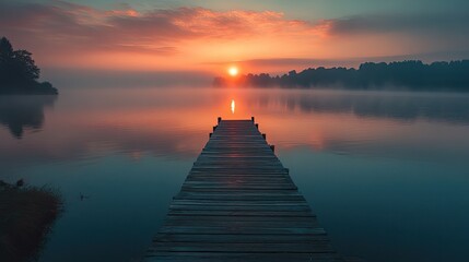 Fototapeta premium Serene Sunrise Over Misty Lake With Wooden Dock