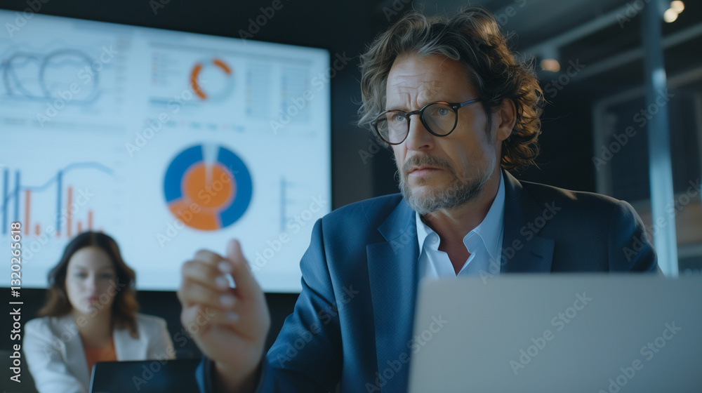 Poster analyzing analytics: a focused businessman, immersed in data, meticulously reviews charts and graphs