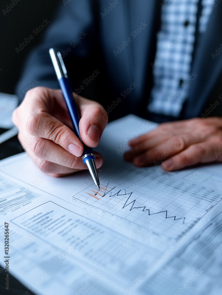 Poster analyzing market trends: a focused professional meticulously examines a financial report with a pen,