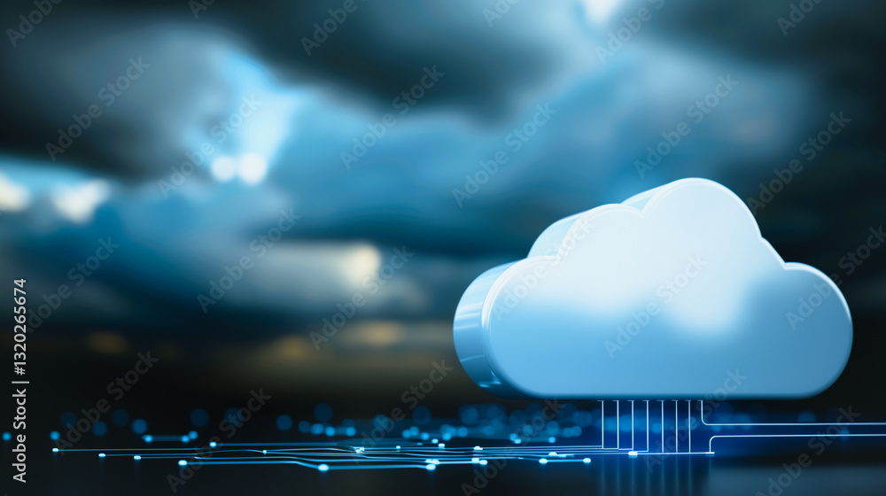 Poster cloud computing: a futuristic image showcases a stylized cloud, symbolizing data storage and access,