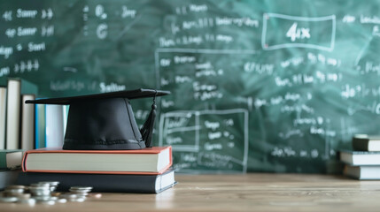 Education Cornerstone: Academic cap rests atop a stack of books on wooden table against a chalkboard, capturing the essence of knowledge and scholastic achievement. 