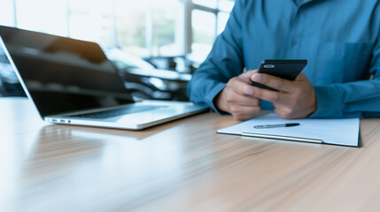Fototapeta premium Modern Workspace: A person meticulously focused on their mobile phone, desk adorned with a laptop and notepad, capturing a moment of productivity in a contemporary office setting.