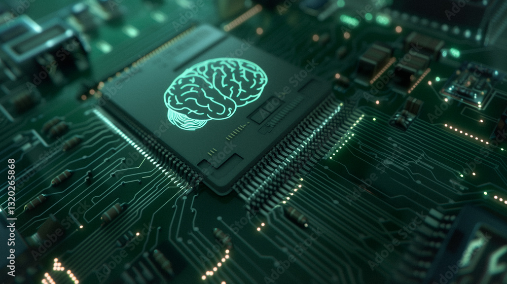 Poster brain chip's intelligence: a close-up view of a sophisticated circuit board with an illuminated brai