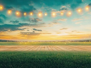 Obraz premium Serene sunset over grassy field with hanging lights creating a warm ambiance.