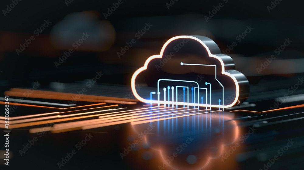 Poster cloud computing: a futuristic digital rendering of a cloud, glowing with intricate circuitry, embodi
