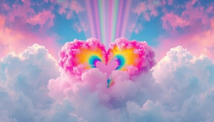 Vibrant heart-shaped cloud bursts with rainbow hues against a dreamy sky, stunning, elegant