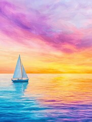 Fototapeta premium A serene sailboat on calm waters under a vibrant sunset sky.