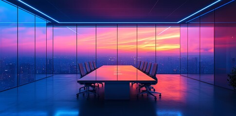 Obraz na płótnie Canvas Modern Conference Room with Sunset City View Through Panoramic Windows