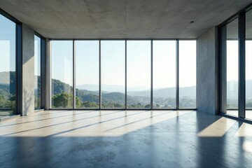 Fototapeta premium Sleek lines, large windows, polished concrete floor, vintage, reclaimed, design