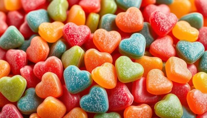 Vibrant sugar-coated heart gummies in assorted colors, red, sweets background