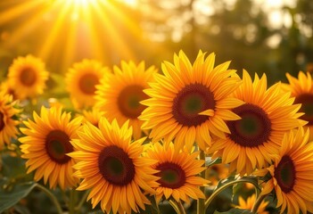 Obraz premium Vibrant sunflowers bask in golden sunlight, petals ablaze with color, nature, art
