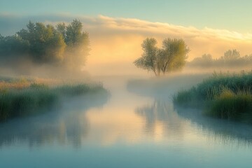 Fototapeta premium Serene Morning Mist over Calm Water with Lush Green Trees