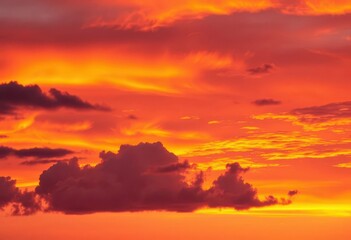 Fototapeta premium Vibrant sunset hues paint the twilight sky, clouds glowing with warm orange and deep purple tones, warm, nature