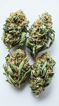 Four Buds of Cannabis on White: Close-Up of Marijuana Plant