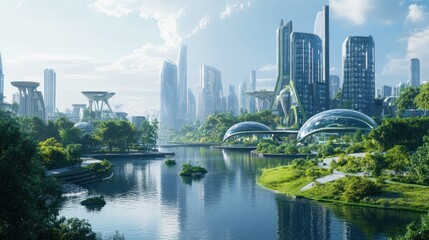 Naklejka premium Futuristic cityscape with a serene river and lush greenery