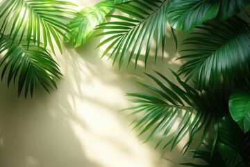 Minimalist White Background with Palm Leaf Shadows for Product Showcase and Presentation in a Grey Studio