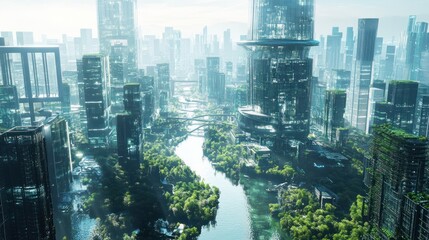 Futuristic city with lush greenery, a tranquil river flowing through a dense urban landscape.  Modern skyscrapers, some overgrown with vegetation