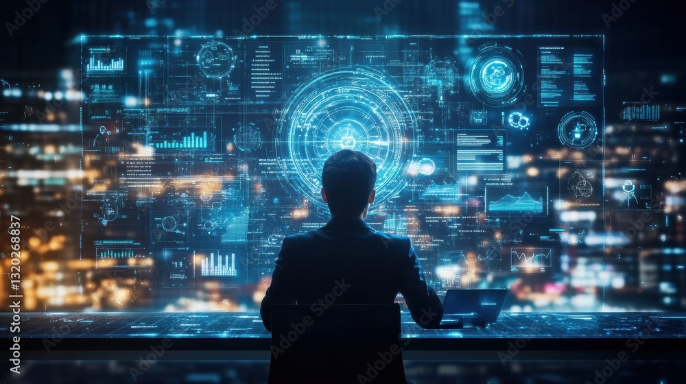 Poster student engages with ai driven virtual learning interface while studying at night in a modern enviro