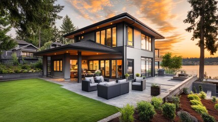 Fototapeta premium Modern Luxury Home with Spacious Patio at Sunset, Embracing Golden Hour Warmth and Elegance 