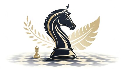 A stylized black chess knight stands prominently, with a pawn nearby, set against a checkered background and surrounded by elegant leaves.