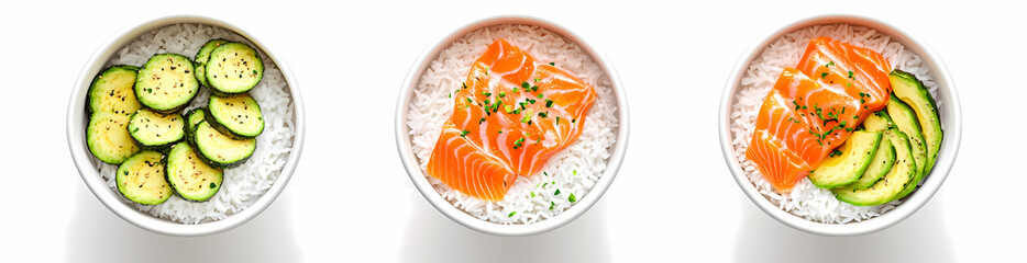 Fresh Salmon Delights: A trio of bowls, showcasing beautifully arranged fresh salmon, avocado and courgette slices atop a bed of fluffy rice, an exquisite culinary experience.