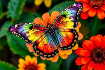 Multi-Colored Butterfly With Rainbow Hues Is Seen Up Close Against A Background Of Flowers And Foliage