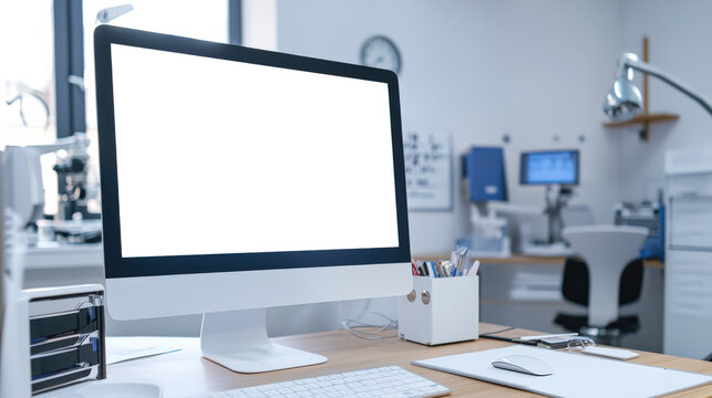 A stylish computer monitor with a white screen stands on a wooden table in a clean, organized office. A mockup of a personal computer monitor in a medical laboratory - Powered by Adobe