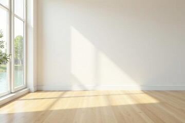 Obraz premium Bright, spacious room; light oak floor, large white wall , background, white background, empty