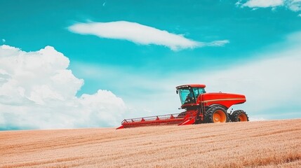 Fototapeta premium Red Tractor in a Golden Field Under a Bright Blue Sky