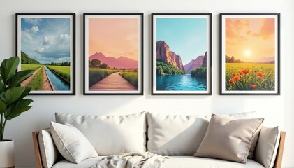Four customized posters on a wall, clean background , style, vertical, design