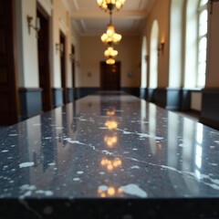 Fototapeta premium Gleaming marble tabletop, grand hallway setting, rich, grand