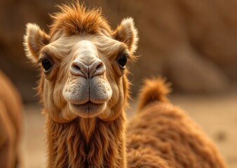 Close-up portrait of a camel with expressive eyes and soft fur in a desert background