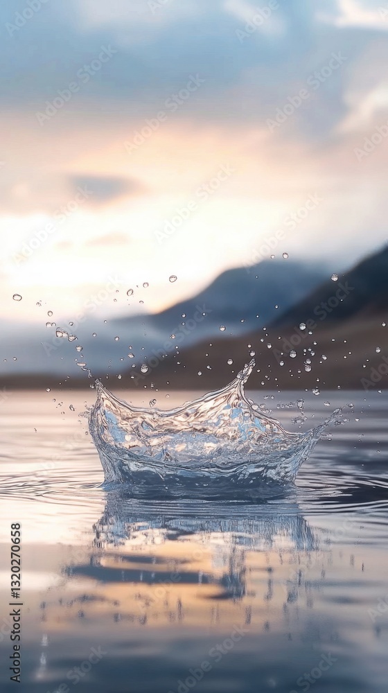 Poster dynamic raindrops splashing on a calm puddle. vertical