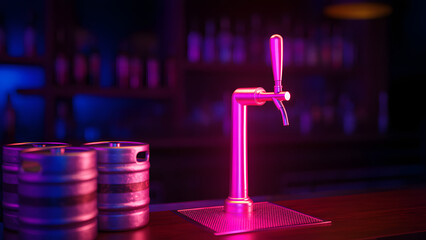Neon-Lit Bar with Beer Kegs and Taps in the Background
