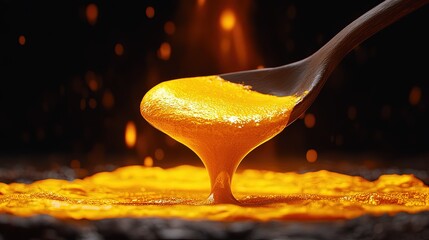 Golden Honey Dripping from Wooden Spoon with Dark Background