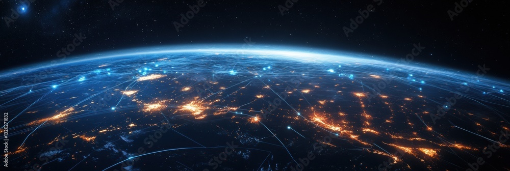 Poster night view of planet earth from space showcasing light connections across continents illustrating gl