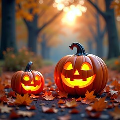 enchanted halloween autumn scene glowing jack-o'-lanterns fallen leaves