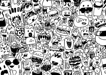 Doodle Delights: A whimsical black and white doodle art, featuring a variety of cute food, faces and objects in a playful chaotic, full of imagination 