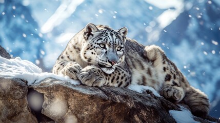 Fototapeta premium Snow leopard resting on a rocky ledge generative ai