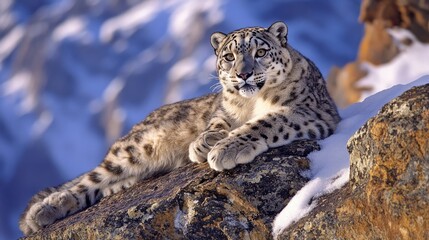Obraz premium Snow leopard resting on a rocky ledge generative ai