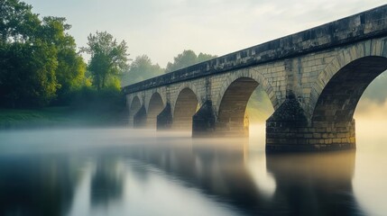 Naklejka premium Ancient stone arch bridge over a misty river at dawn. Lush greenery on the banks