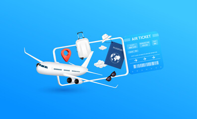 Airplane floats out of the ticket with passport and luggage bag. Clouds, hats, glasses, pins floating around. Air travel and tourism concept. Vector EPS10 illustration.