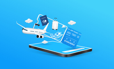 Airplane floats out of the ticket with passport and luggage bag. Clouds, hats, glasses, map floating around on smartphone. Air travel and tourism concept. Vector EPS10 illustration.