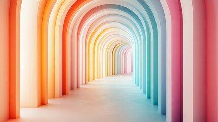 A colorful arched corridor extends toward the bright light in distance