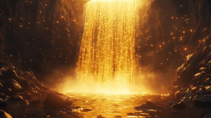 Golden waterfall cascading in a mystical cave.  Sunlight illuminates the magical scene