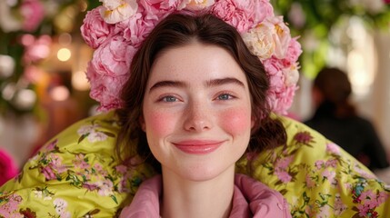 Fototapeta premium Beautiful woman adorned with flower crown exuding natural beauty and embracing the spirit of rejuvenating life and energy