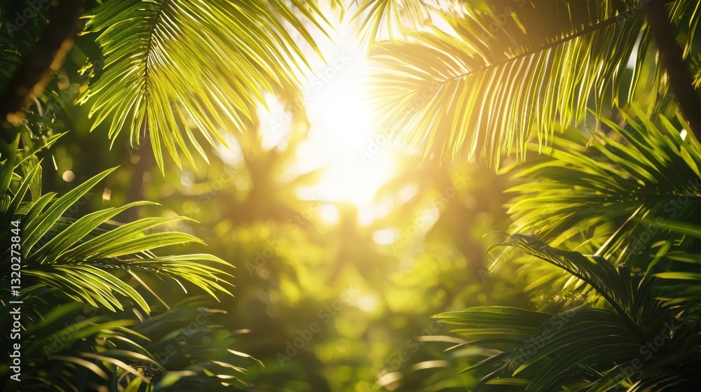 Poster sunlight streaming through lush green leaves of a palm tree creating a tranquil and relaxing atmosph