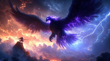 Epic Battle of a Sorceress Riding a Giant Owl Griffin Launching Lightning and Stars Against Enemies in a Stormy Sky