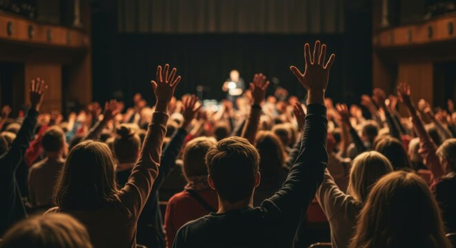 Diverse audience raises their hands voting in important decision at professional seminar, business meeting, political event, community gathering, conference session in modern auditorium. Copy space - Powered by Adobe